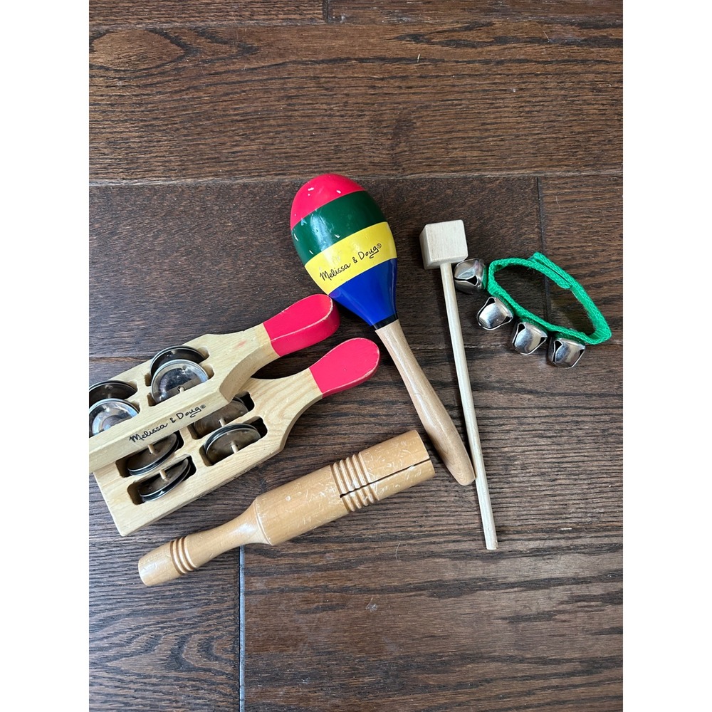 Melissa & Doug Wooden Musical Instrument Set Maraca Tambourine Guiro Wrist Bells